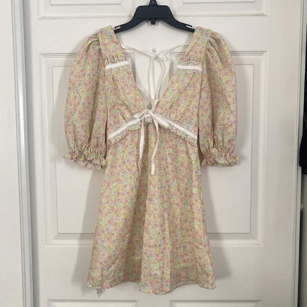 Tie-Front Puff Sleeve Floral Midi Dress - Pink/Cream